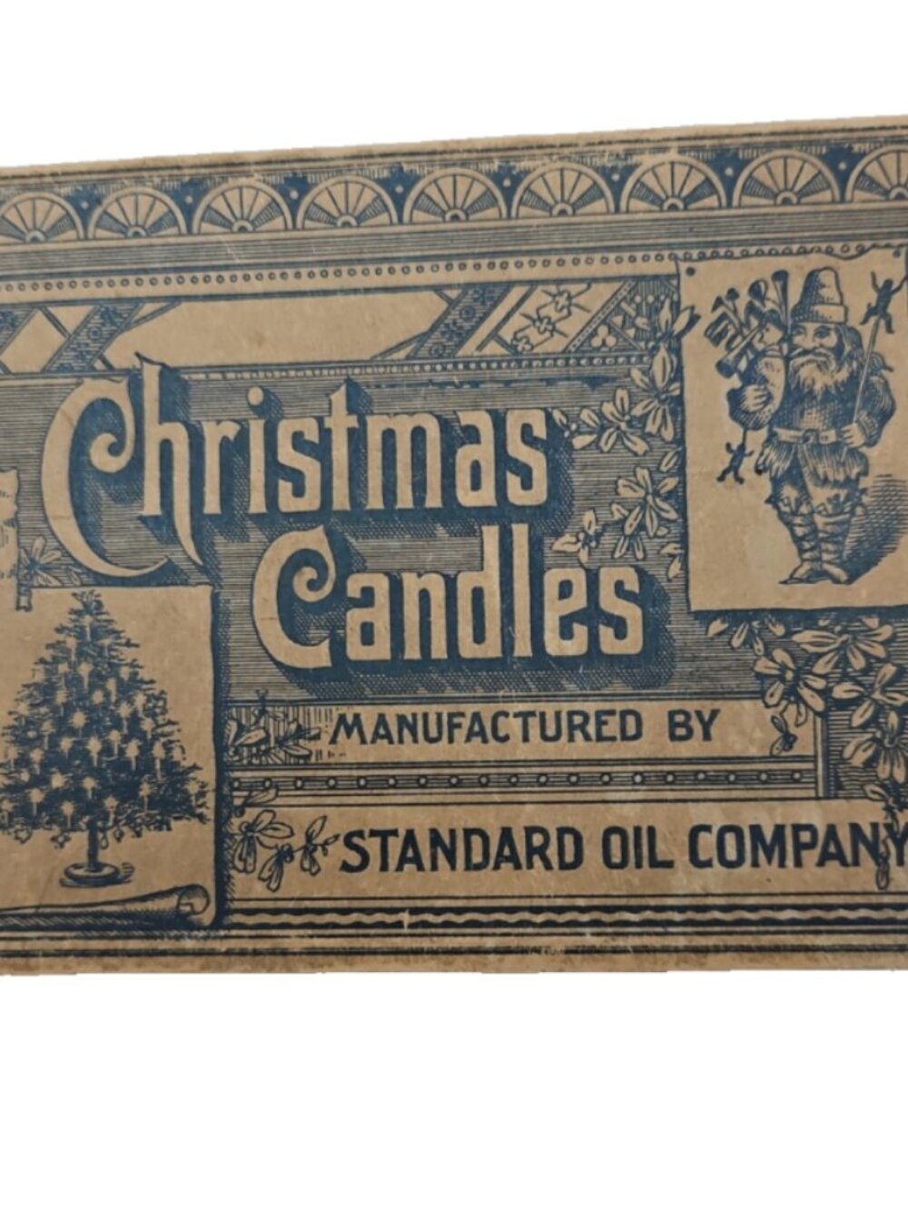 Antique 1800s Christmas Time Capsule Box Petroliana Wood Puzzle Toy Card Crayons
